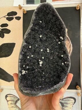 Natural sparkly black amethyst cut base specimen with calcite from Brazil